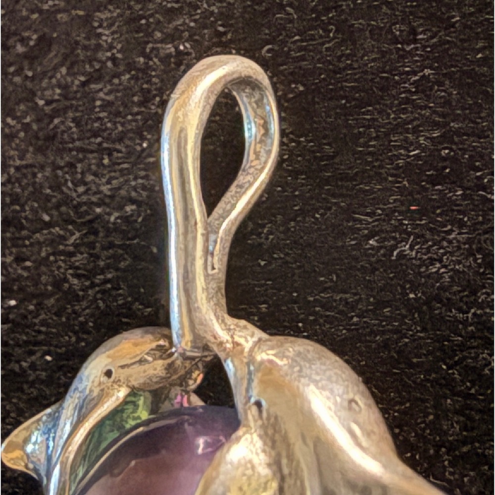 Vintage 90s Sterling Silver Dolphin Pendant Iridescent Cabochon Ocean Jewelry - Picture 5 of 6